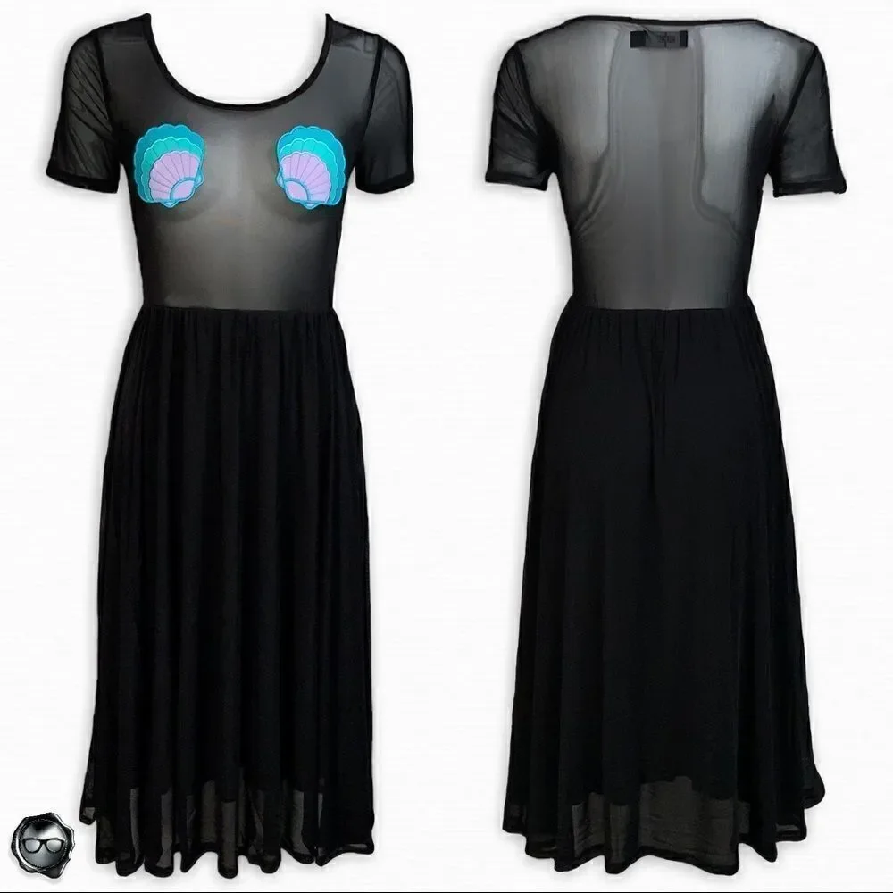 IRON FIST/DOLLS KILL MERMAID FOR LIFE LAYERED MESH DRESS IN BLACK HALLOWEEN MIDI